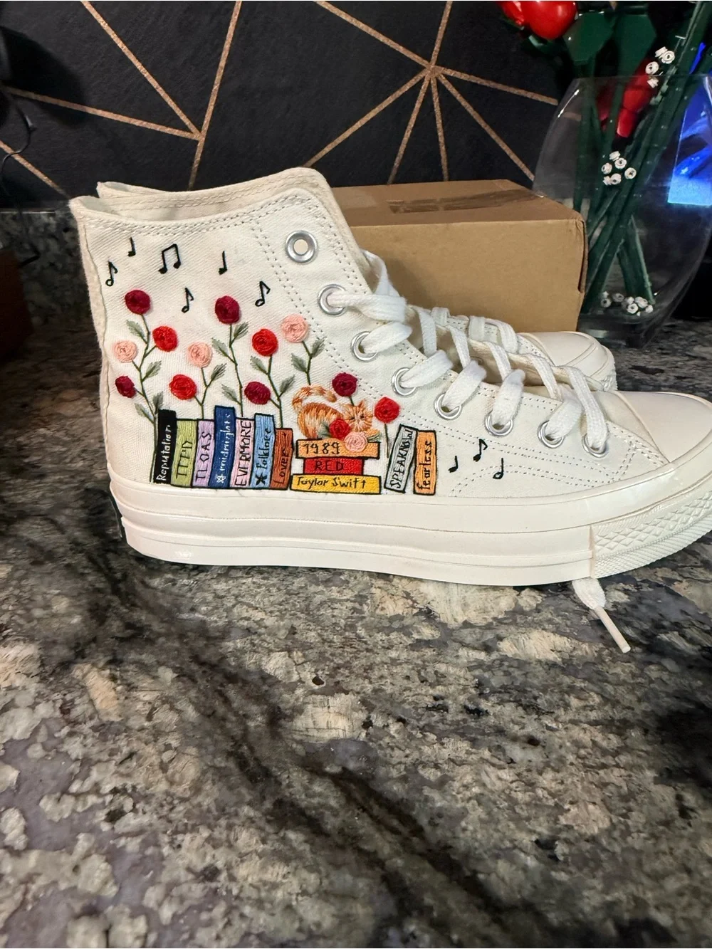 Converse Cream High-Top Sneakers with Floral, Book & Music Embroidery - Picture 10 of 10